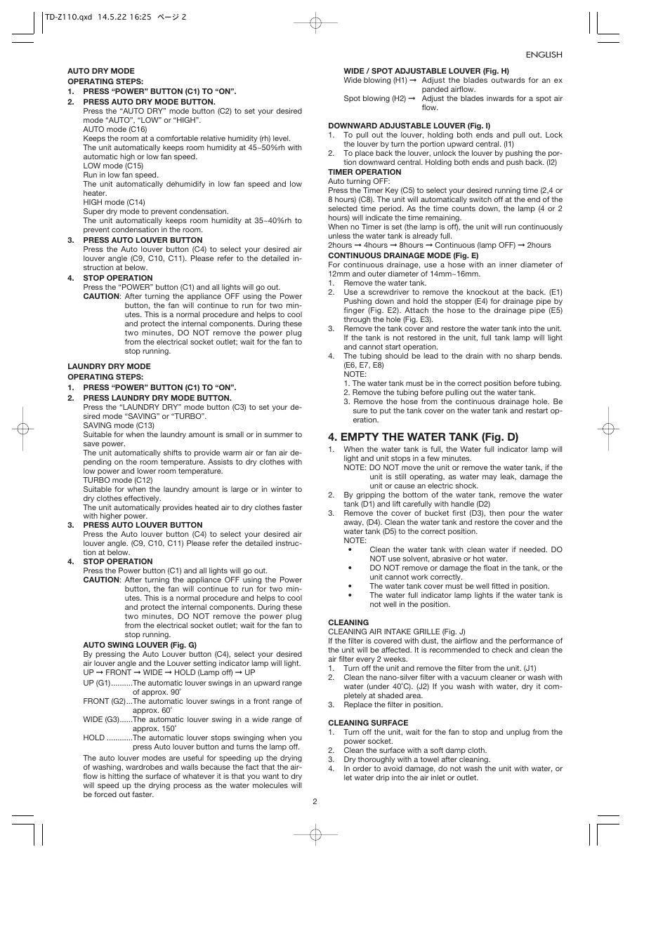 Empty the water tank (fig. d) | Toyotomi TD-Z110 User Manual | Page 5 / 8