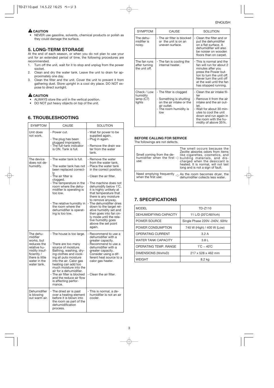 Long-term storage, Troubleshooting, Specifications | Toyotomi TD-Z110 User Manual | Page 6 / 8