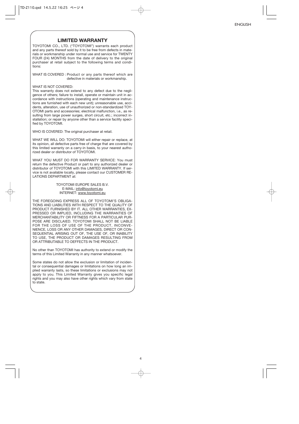 Limited warranty | Toyotomi TD-Z110 User Manual | Page 7 / 8