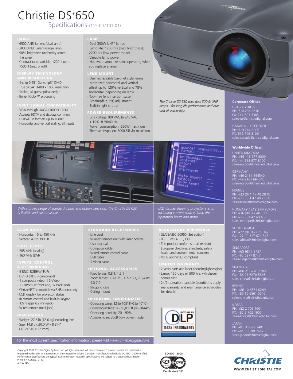 Christie ds, Specifications | Christie Digital Systems Christie DS+650 User Manual | Page 2 / 2