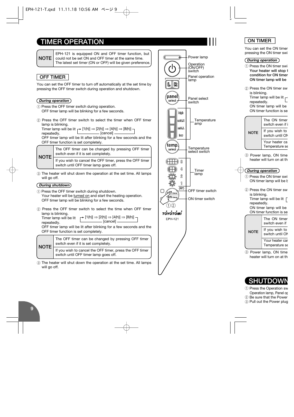 Shutdown, Timer operation | Toyotomi EPH-121 User Manual | Page 10 / 16