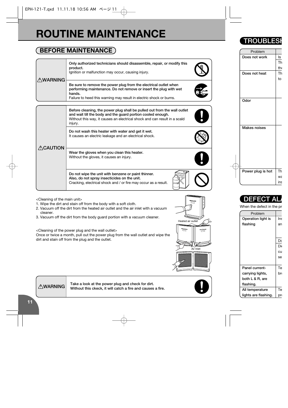 Routine maintenance, Defect ala troublesh, Before maintenance | Toyotomi EPH-121 User Manual | Page 12 / 16