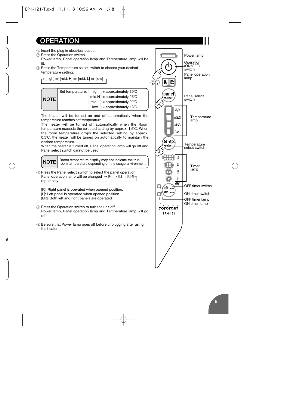 Operation | Toyotomi EPH-121 User Manual | Page 9 / 16