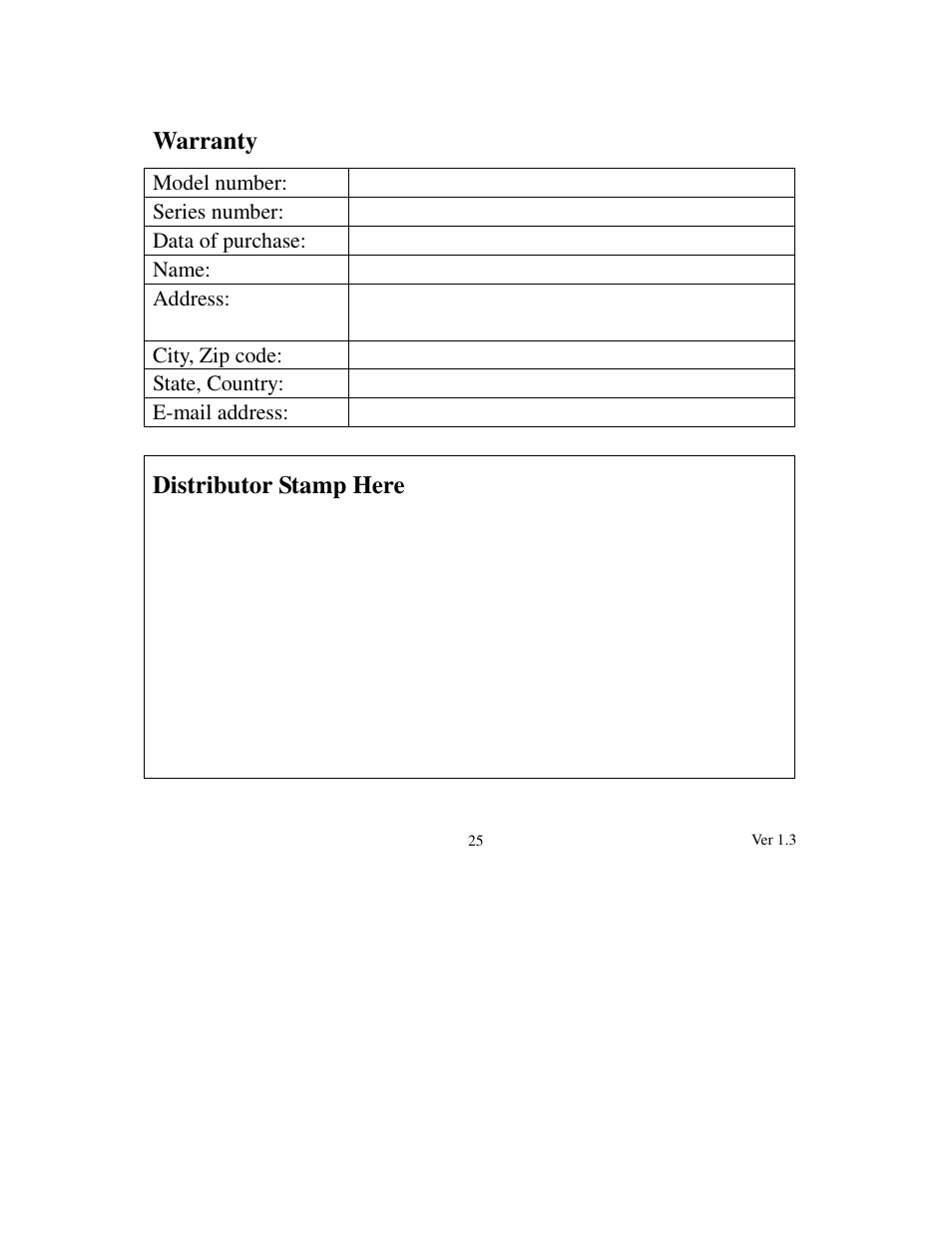 Warranty, Distributor stamp here | Transystem mobileMate 886 User Manual | Page 26 / 26