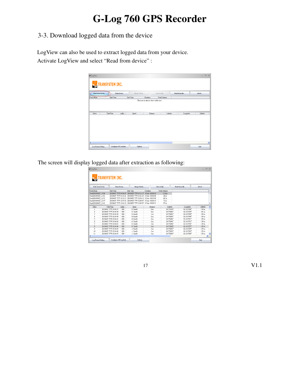 G-log 760 gps recorder | Transystem 760 User Manual | Page 17 / 28