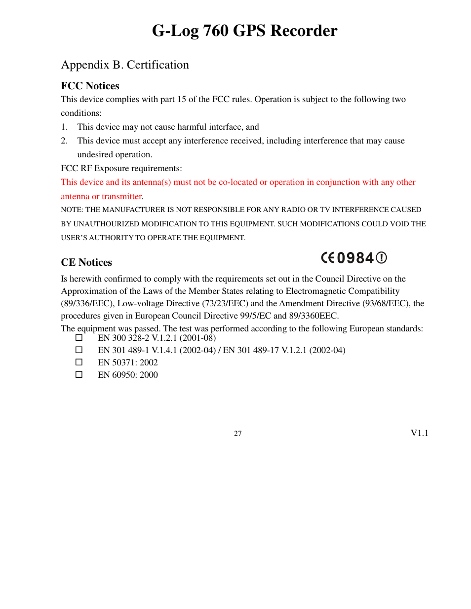 G-log 760 gps recorder, Appendix b. certification | Transystem 760 User Manual | Page 27 / 28
