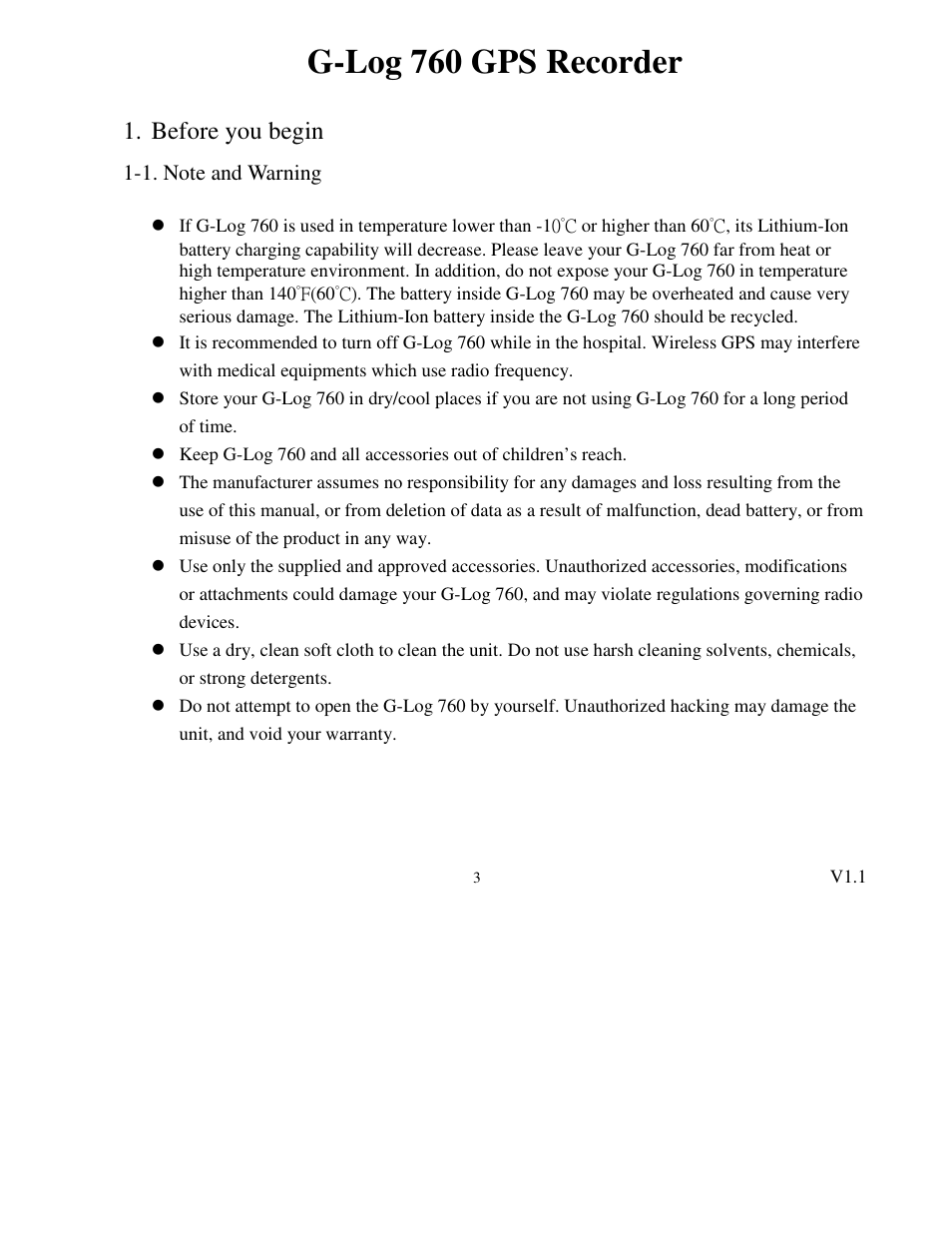 G-log 760 gps recorder, Before you begin | Transystem 760 User Manual | Page 3 / 28