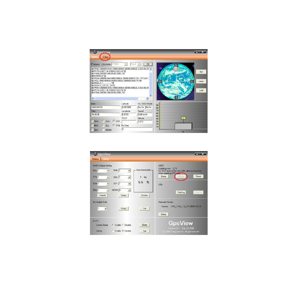 Choose “setup, Choose “update” to download agps data | Transystem 860Lite User Manual | Page 18 / 28