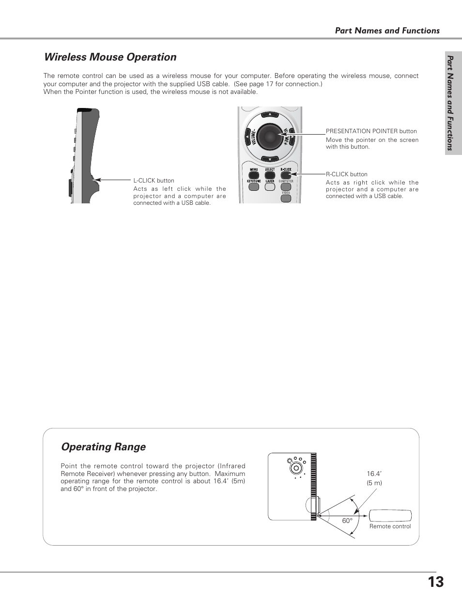 Wireless mouse operation, Operating range, Operating range wireless mouse operation | Christie Digital Systems 38-VIV208-03 User Manual | Page 13 / 64