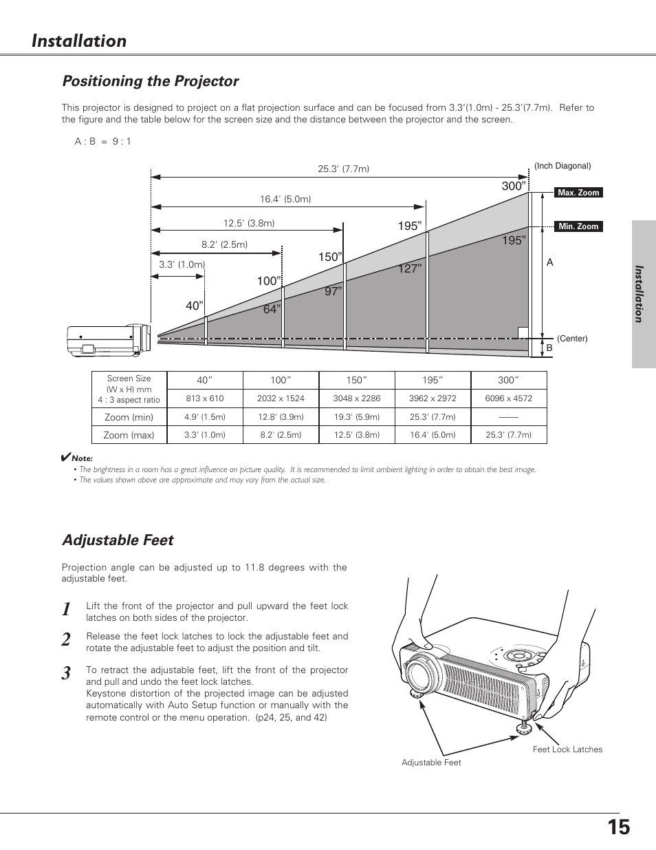 Installation, Positioning the projector, Adjustable feet | Christie Digital Systems 38-VIV208-03 User Manual | Page 15 / 64