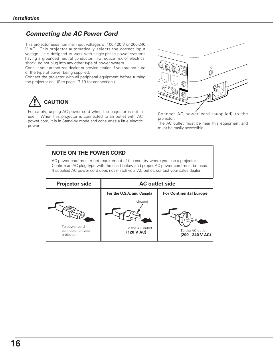 Connecting the ac power cord | Christie Digital Systems 38-VIV208-03 User Manual | Page 16 / 64