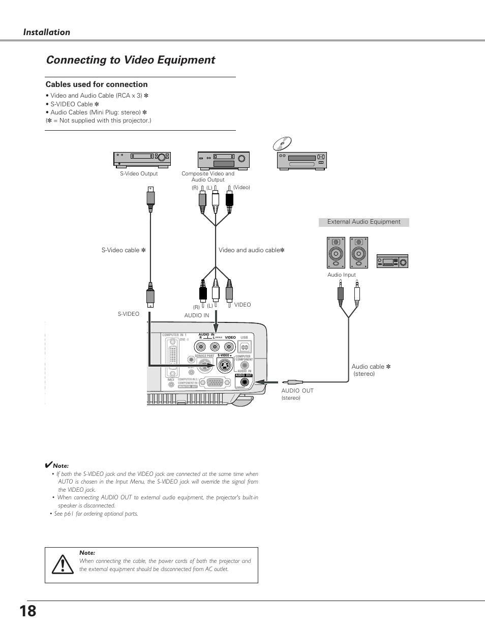 Connecting to video equipment, Installation, Cables used for connection | Christie Digital Systems 38-VIV208-03 User Manual | Page 18 / 64