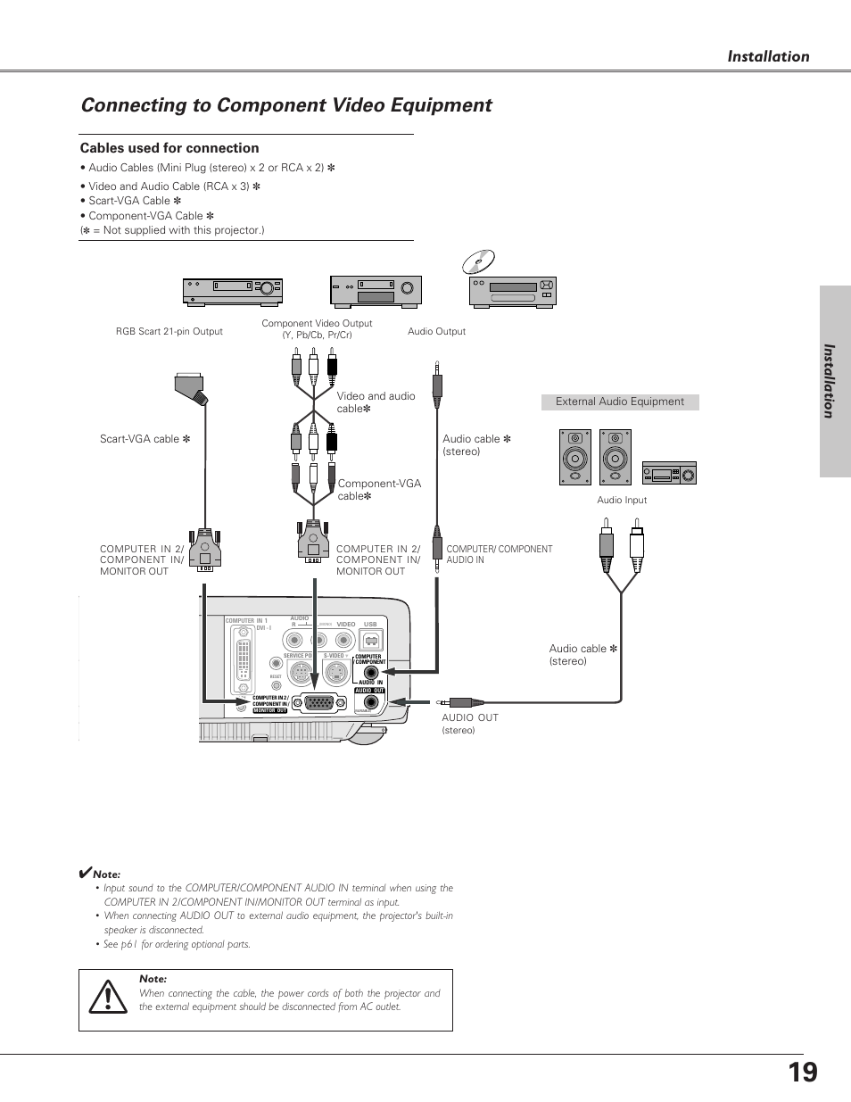 Connecting to component vide, Connecting to component video equipment, Installation | Cables used for connection | Christie Digital Systems 38-VIV208-03 User Manual | Page 19 / 64