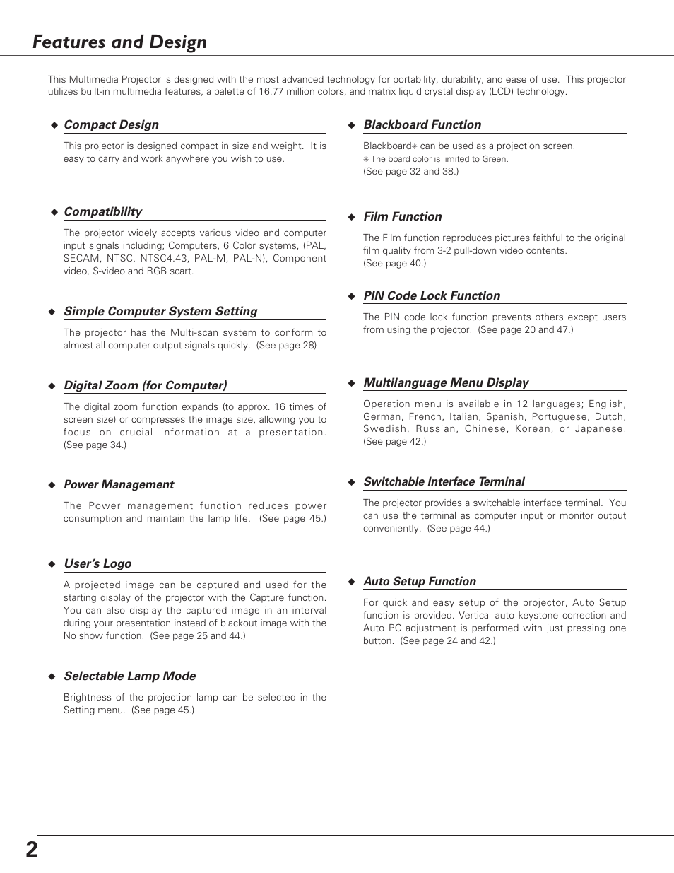 Features and design | Christie Digital Systems 38-VIV208-03 User Manual | Page 2 / 64