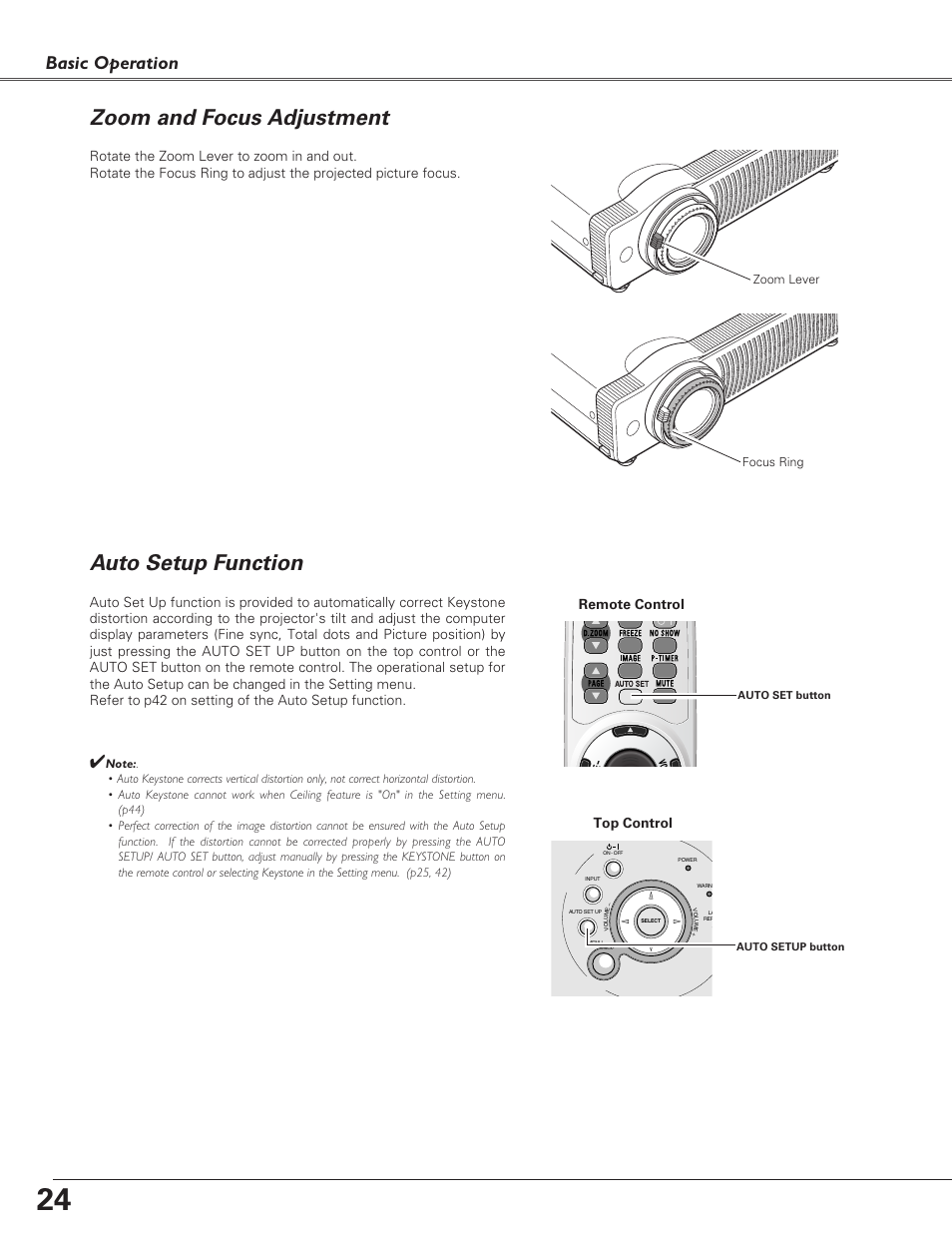 Zoom and focus adjustment, Auto setup function, Basic operation | Top control, Remote control | Christie Digital Systems 38-VIV208-03 User Manual | Page 24 / 64