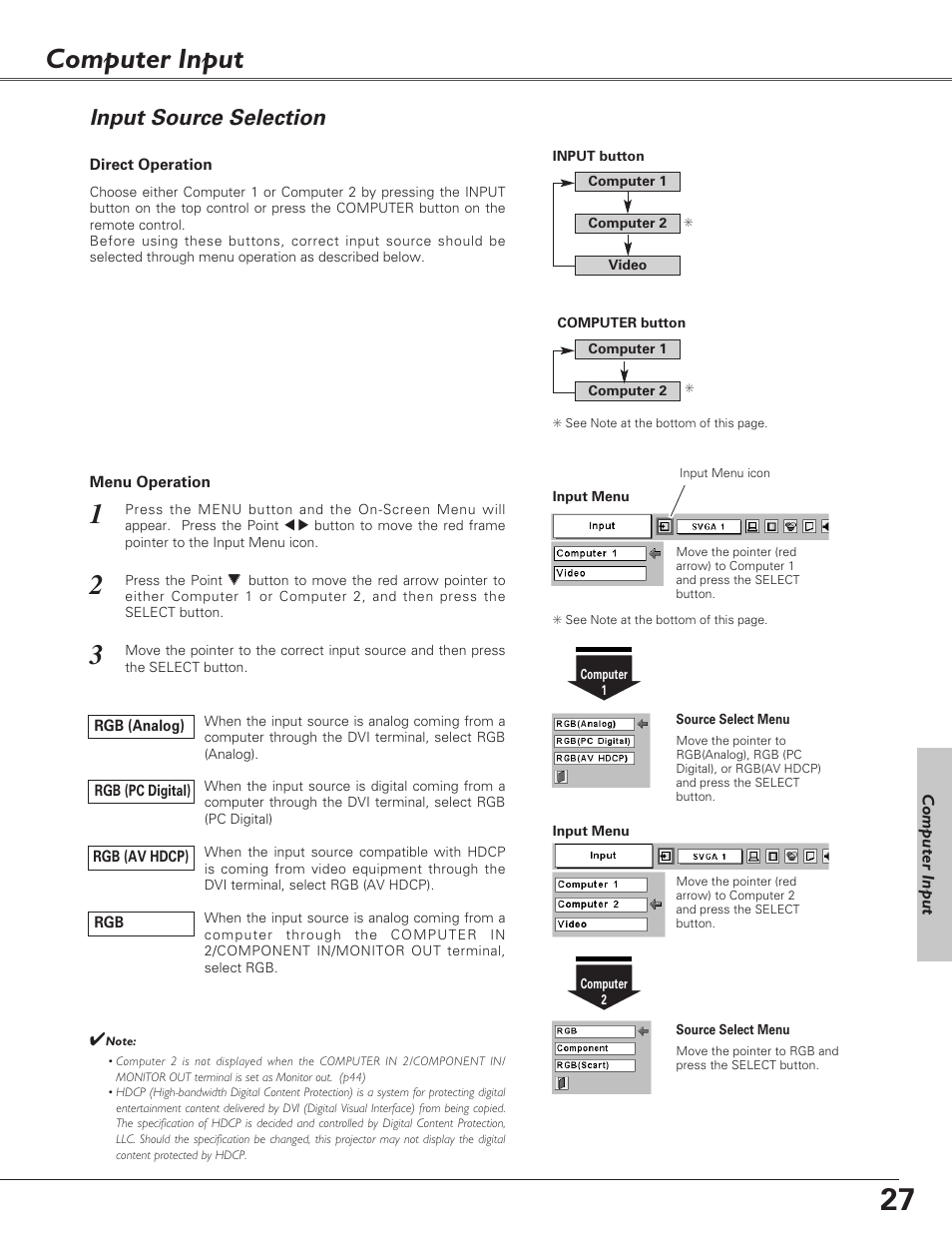 Computer input, Input source selection | Christie Digital Systems 38-VIV208-03 User Manual | Page 27 / 64