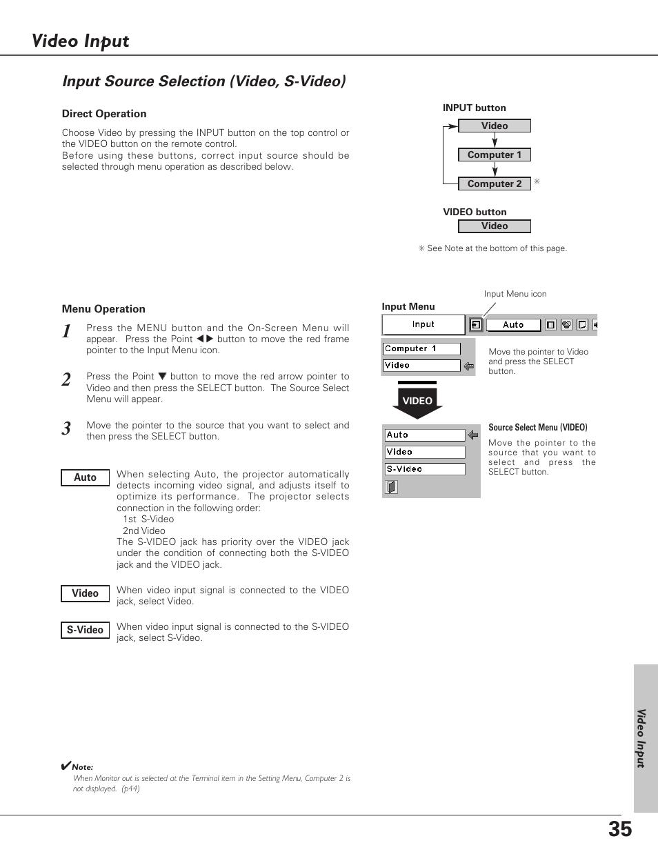 Video input, Input source selection (vide, Input source selection (video, s-video) | Christie Digital Systems 38-VIV208-03 User Manual | Page 35 / 64