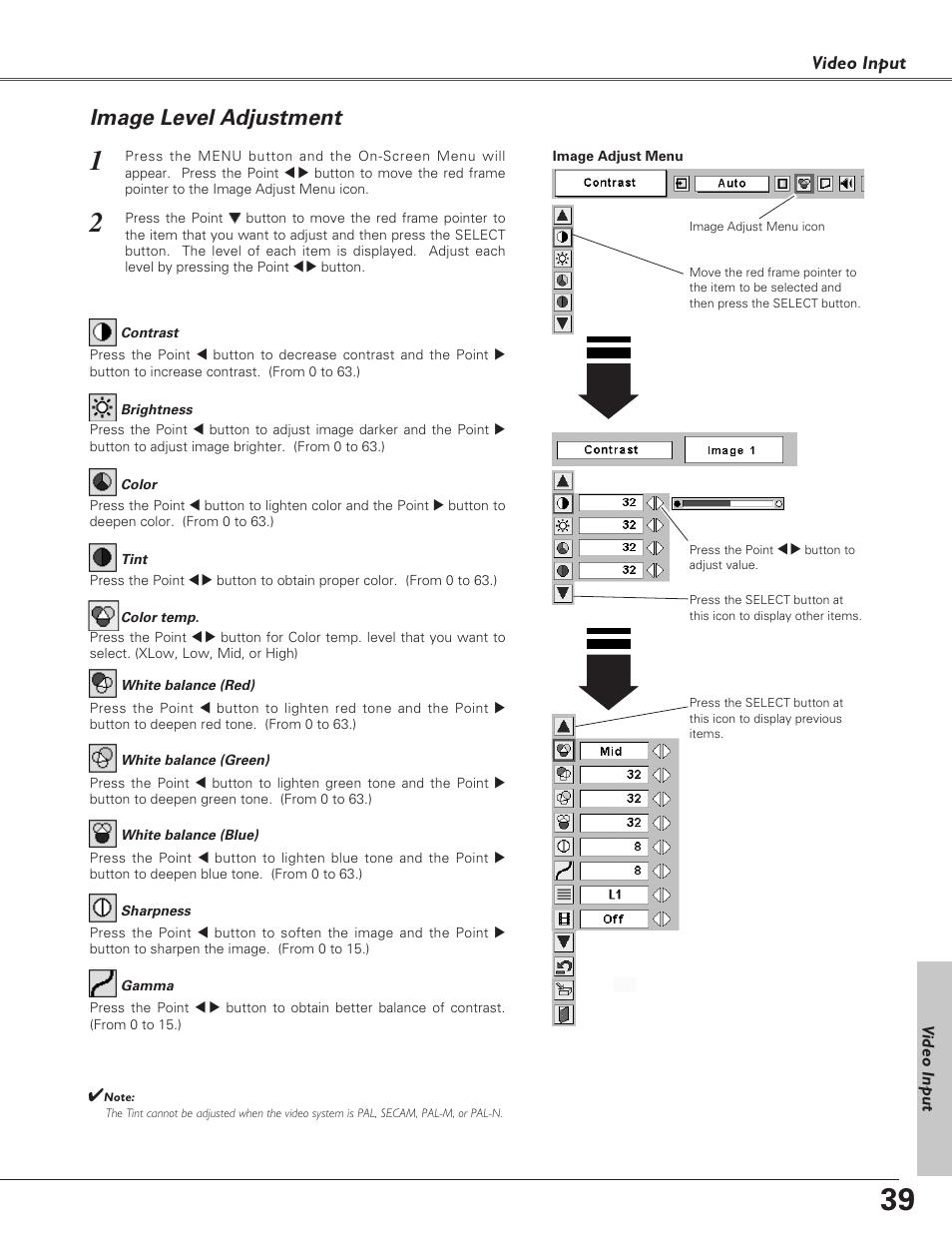 Image level adjustment, Video input | Christie Digital Systems 38-VIV208-03 User Manual | Page 39 / 64