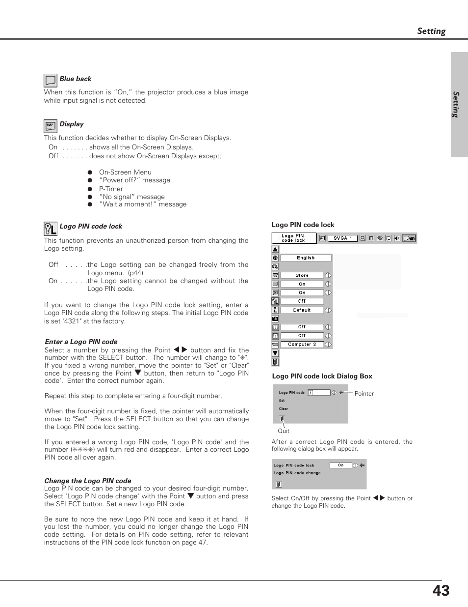 Setting | Christie Digital Systems 38-VIV208-03 User Manual | Page 43 / 64