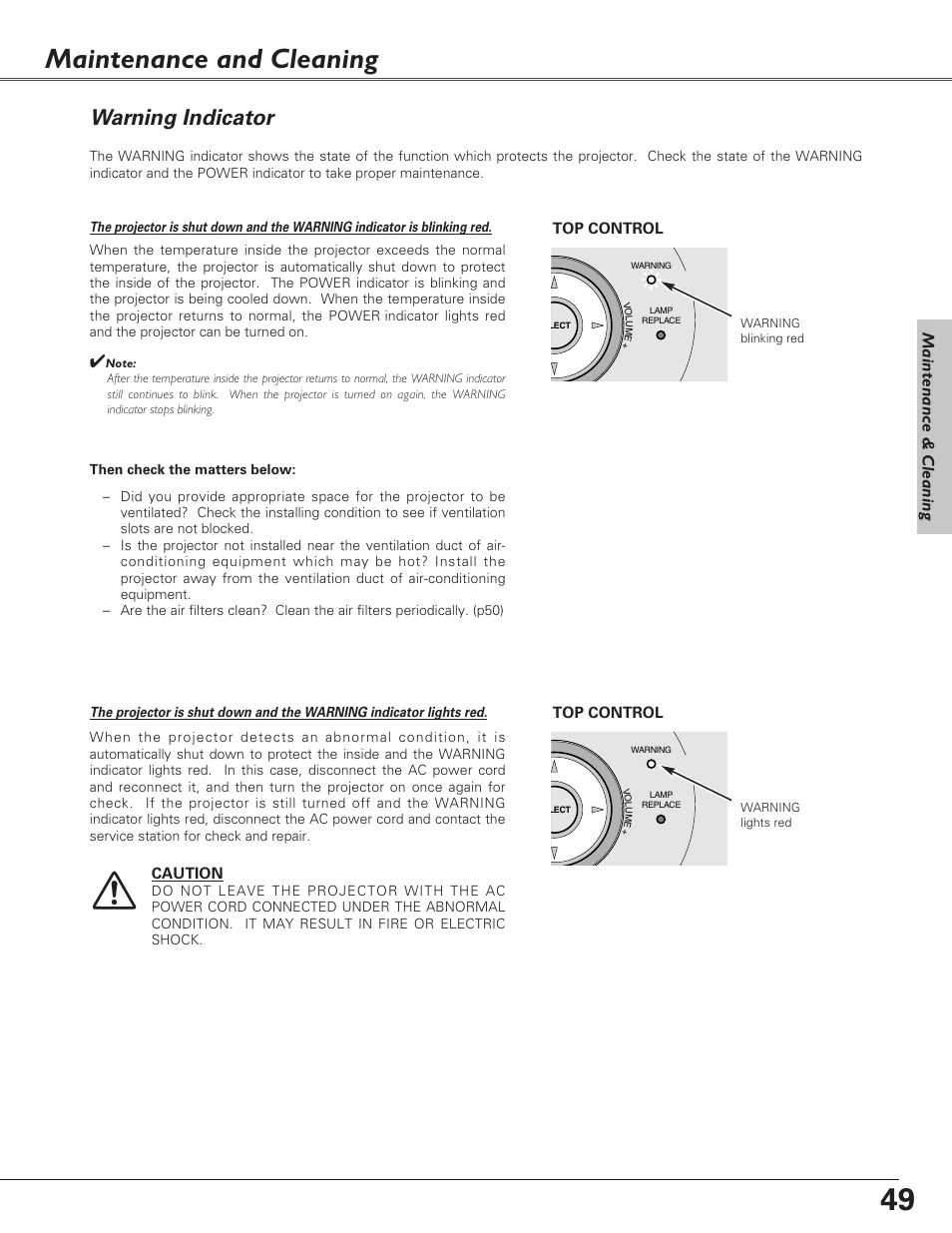 Maintenance and cleaning, Warning indicator, Maintenance & cleaning | Christie Digital Systems 38-VIV208-03 User Manual | Page 49 / 64