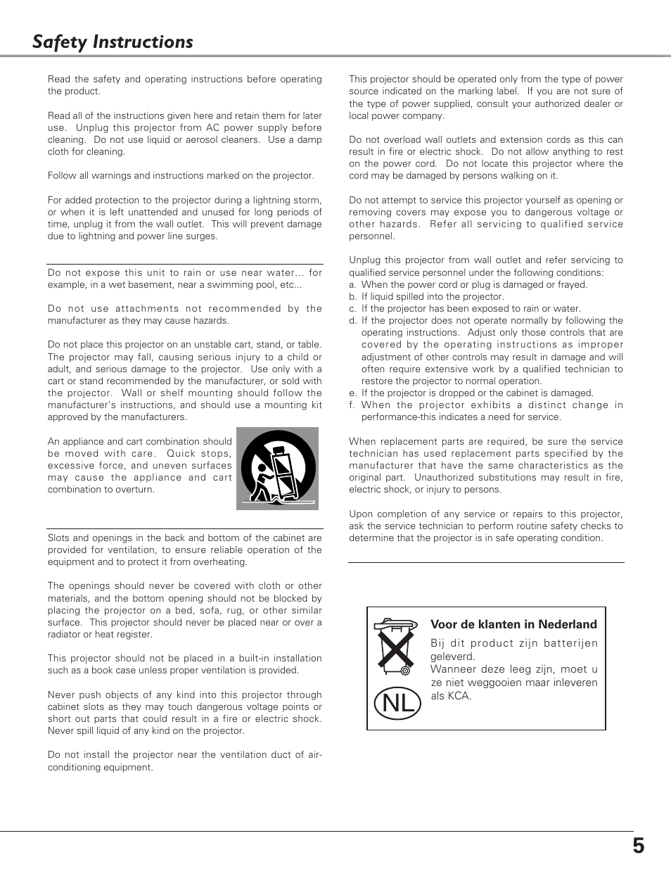 Safety instructions | Christie Digital Systems 38-VIV208-03 User Manual | Page 5 / 64