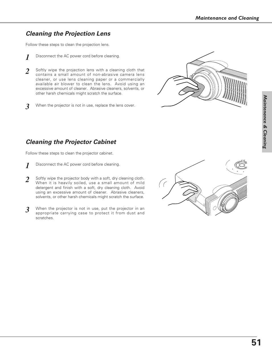 Cleaning the projection lens, Cleaning the projector cabinet | Christie Digital Systems 38-VIV208-03 User Manual | Page 51 / 64