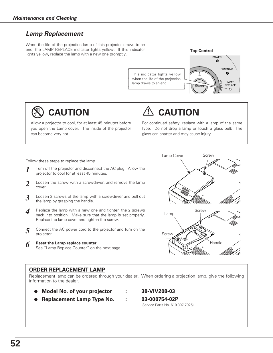 Lamp replacement, Caution | Christie Digital Systems 38-VIV208-03 User Manual | Page 52 / 64