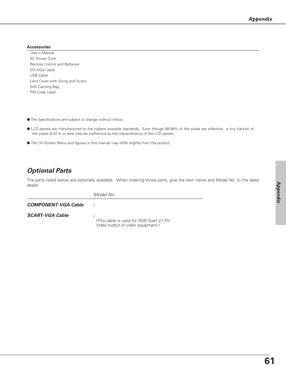 Optional parts, Appendix | Christie Digital Systems 38-VIV208-03 User Manual | Page 61 / 64