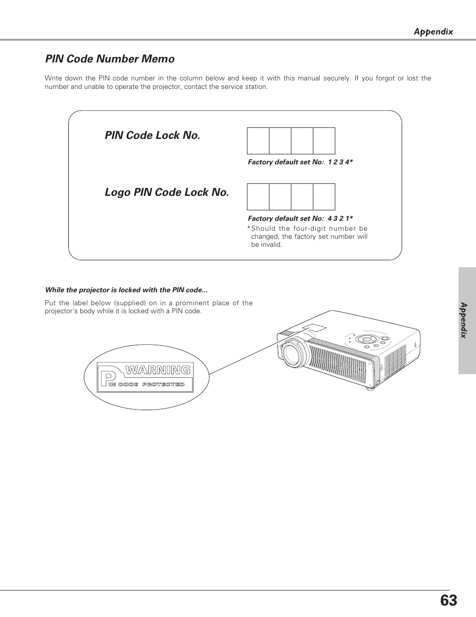 Pin code number memo, Pin code lock no. logo pin code lock no | Christie Digital Systems 38-VIV208-03 User Manual | Page 63 / 64