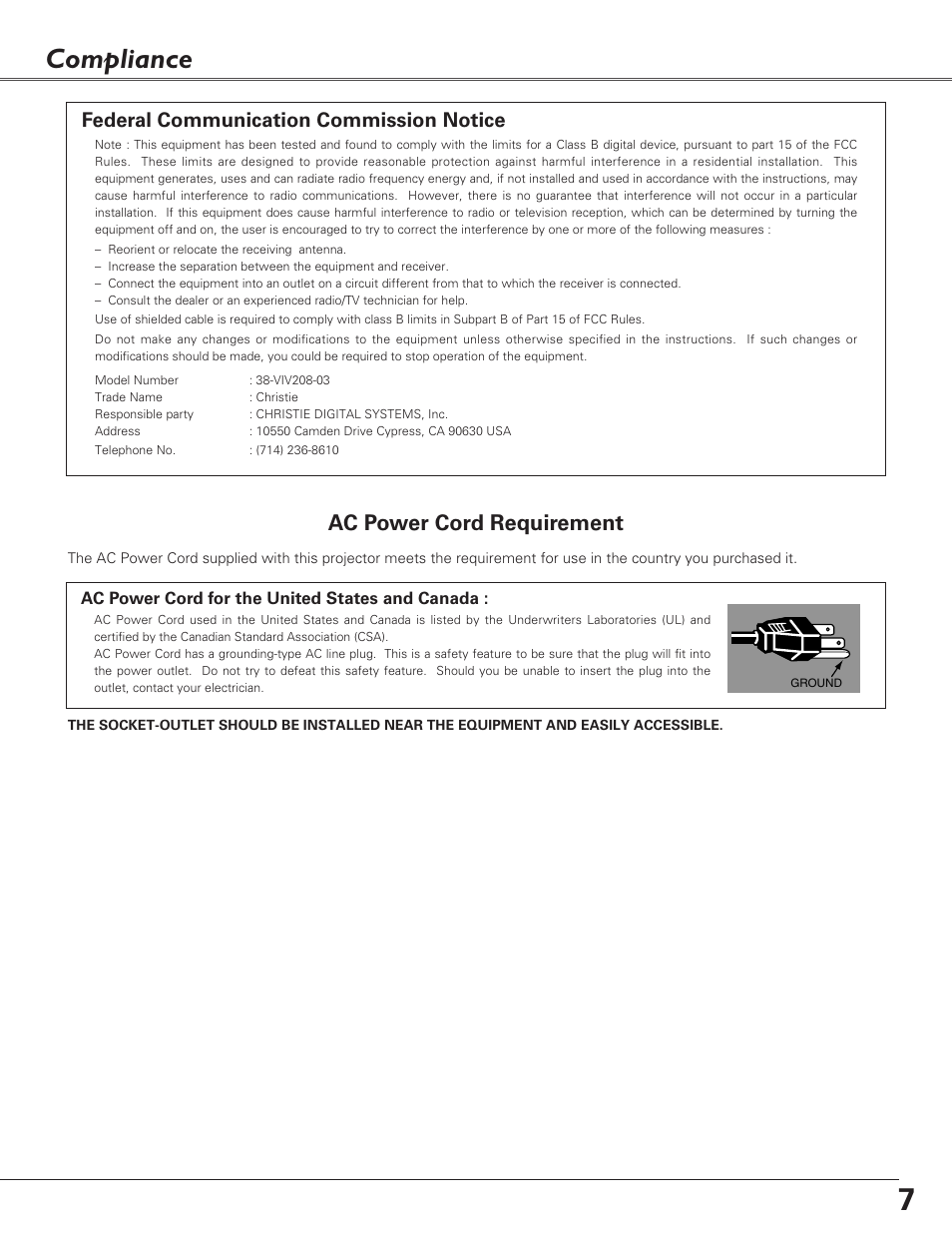 Compliance, Ac power cord requirement, Federal communication commission notice | Christie Digital Systems 38-VIV208-03 User Manual | Page 7 / 64
