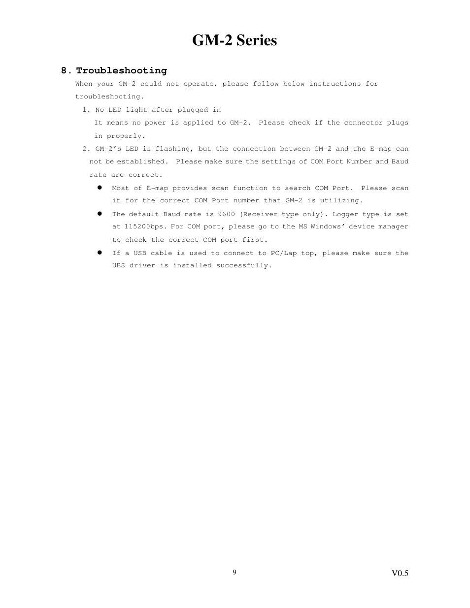 Gm-2 series, Troubleshooting | Transystem GM-2 User Manual | Page 9 / 9