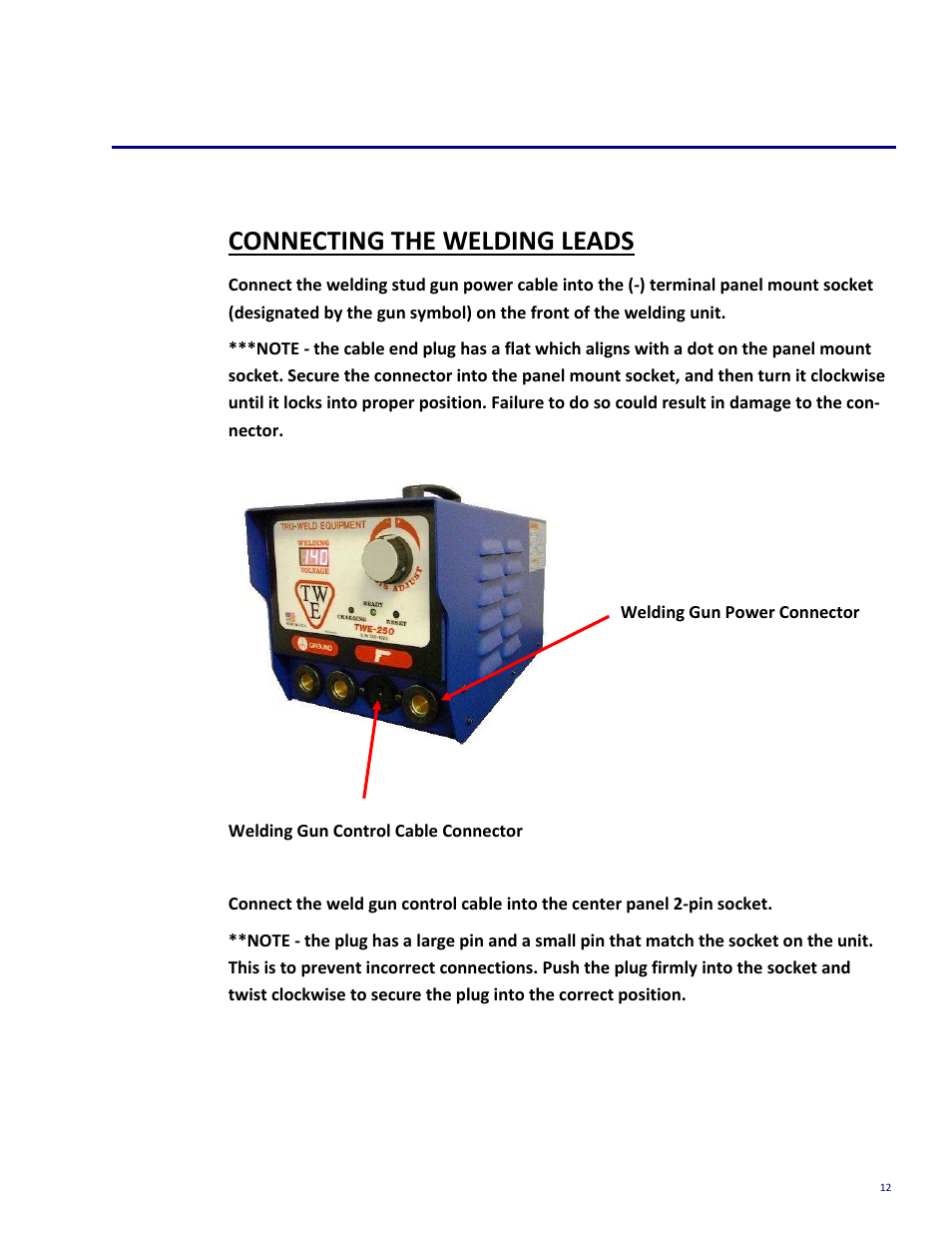 Set-up and welding, Connecting the welding leads | Tru-Weld TWE250 CD Welder User Manual | Page 12 / 24