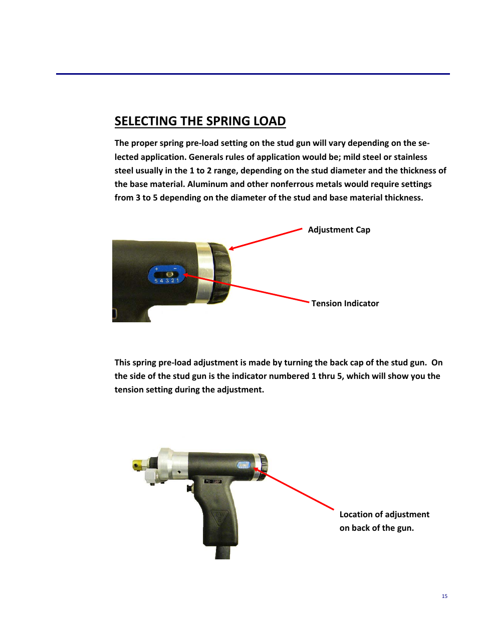 Set-up and welding, Selecting the spring load | Tru-Weld TWE250 CD Welder User Manual | Page 15 / 24