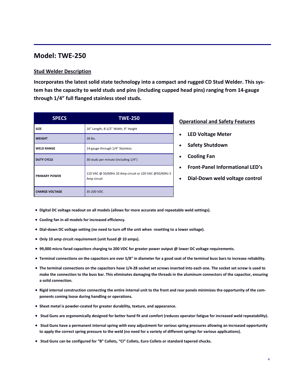 Product features, Model: twe‐250 | Tru-Weld TWE250 CD Welder User Manual | Page 4 / 24