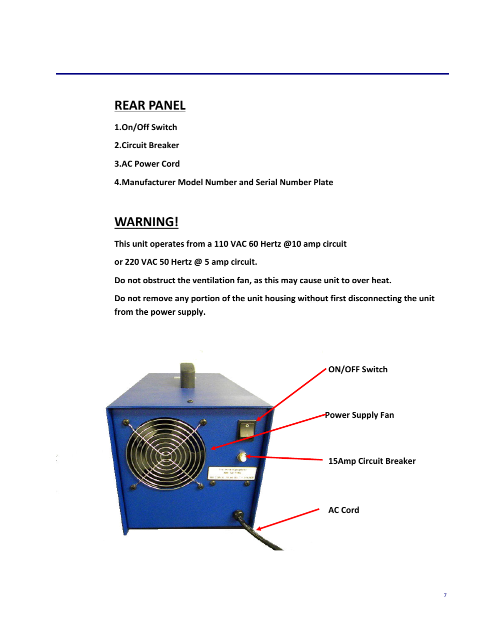 External features, Rear panel, Warning | Tru-Weld TWE250 CD Welder User Manual | Page 7 / 24