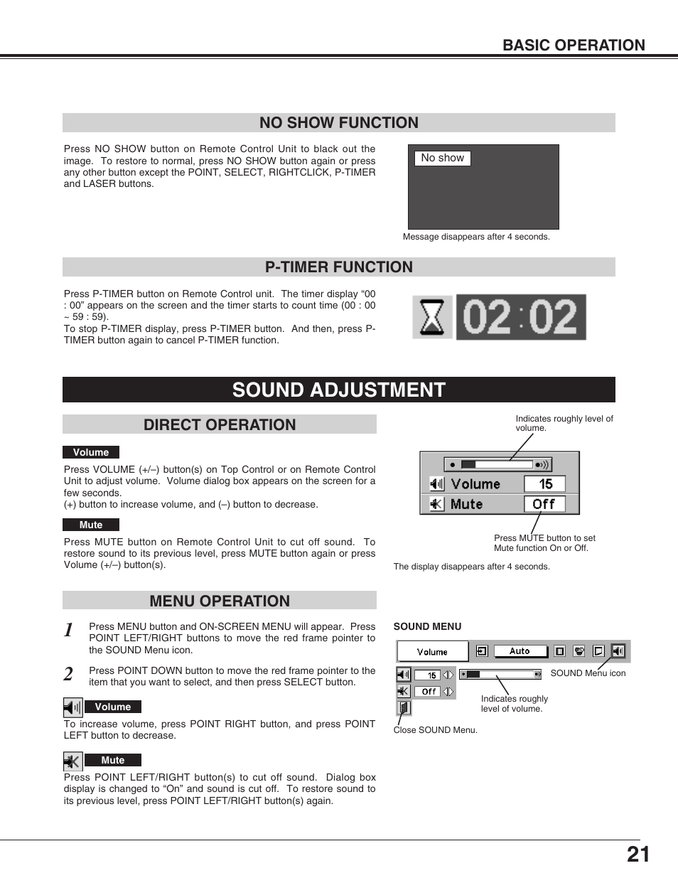 Sound adjustment, Basic operation, No show function | P-timer function, Direct operation menu operation | Christie Digital Systems 38-VIV003-01 User Manual | Page 21 / 44