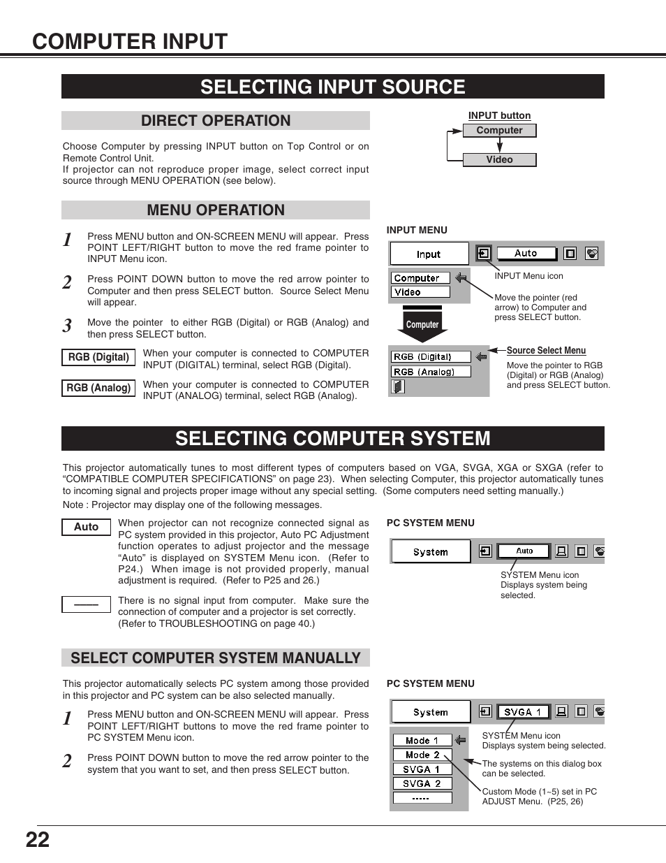 22 computer input, Selecting input source, Selecting computer system | Menu operation direct operation, Select computer system manually | Christie Digital Systems 38-VIV003-01 User Manual | Page 22 / 44