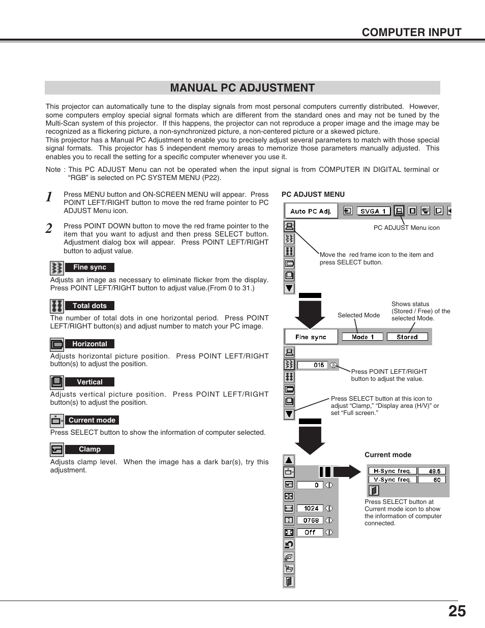 Computer input manual pc adjustment | Christie Digital Systems 38-VIV003-01 User Manual | Page 25 / 44