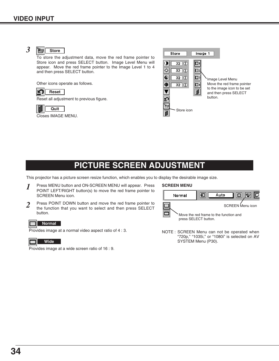 Picture screen adjustment, Video input | Christie Digital Systems 38-VIV003-01 User Manual | Page 34 / 44