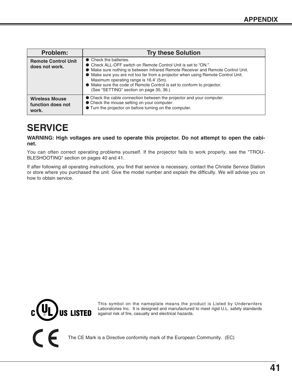 Service, Appendix | Christie Digital Systems 38-VIV003-01 User Manual | Page 41 / 44