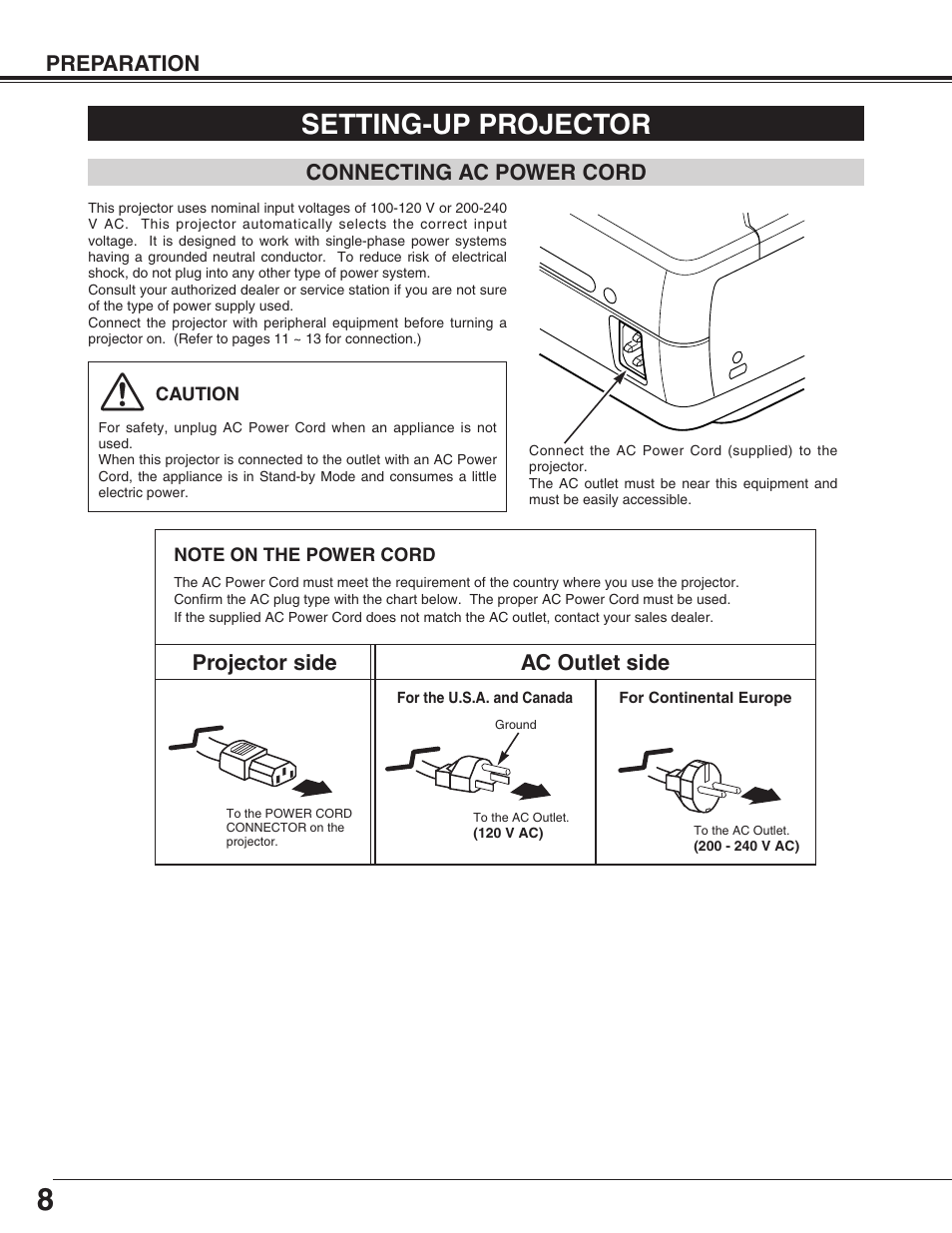 Setting-up projector, Preparation, Connecting ac power cord | Projector side ac outlet side | Christie Digital Systems 38-VIV003-01 User Manual | Page 8 / 44