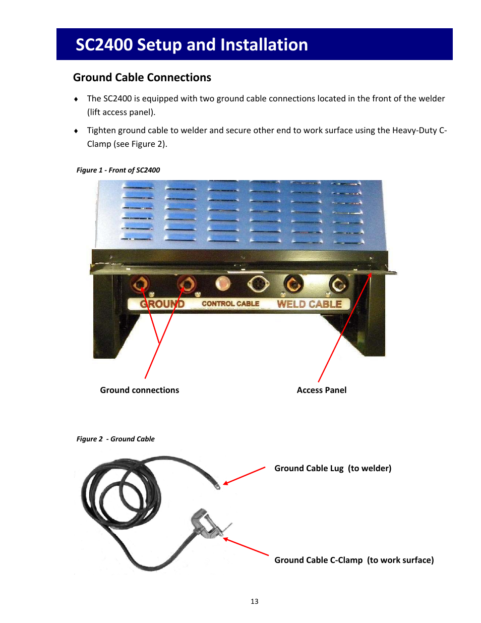 Sc2400 setup and installation, Ground cable connections | Tru-Weld SC2400 Arc Welder User Manual | Page 13 / 30