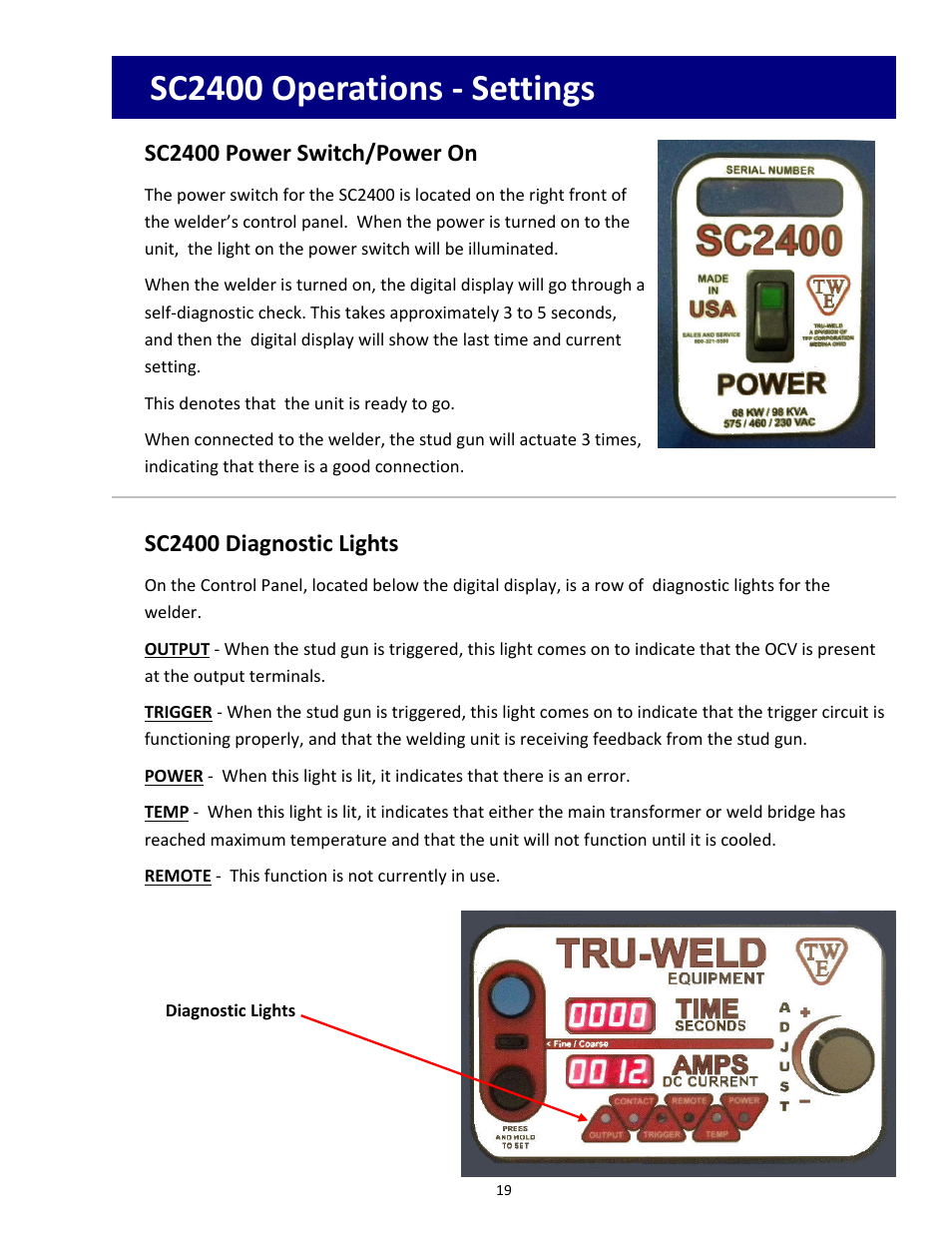 Sc2400 operations ‐ settings, Sc2400 power switch/power on, Sc2400 diagnostic lights | Tru-Weld SC2400 Arc Welder User Manual | Page 19 / 30