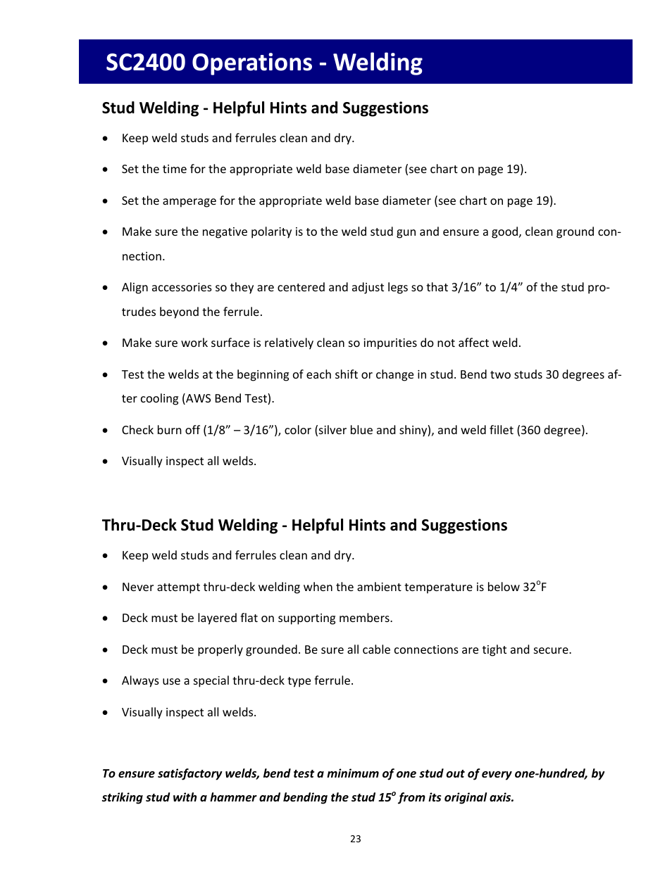 Sc2400 operations ‐ welding, Stud welding ‐ helpful hints and suggestions | Tru-Weld SC2400 Arc Welder User Manual | Page 23 / 30