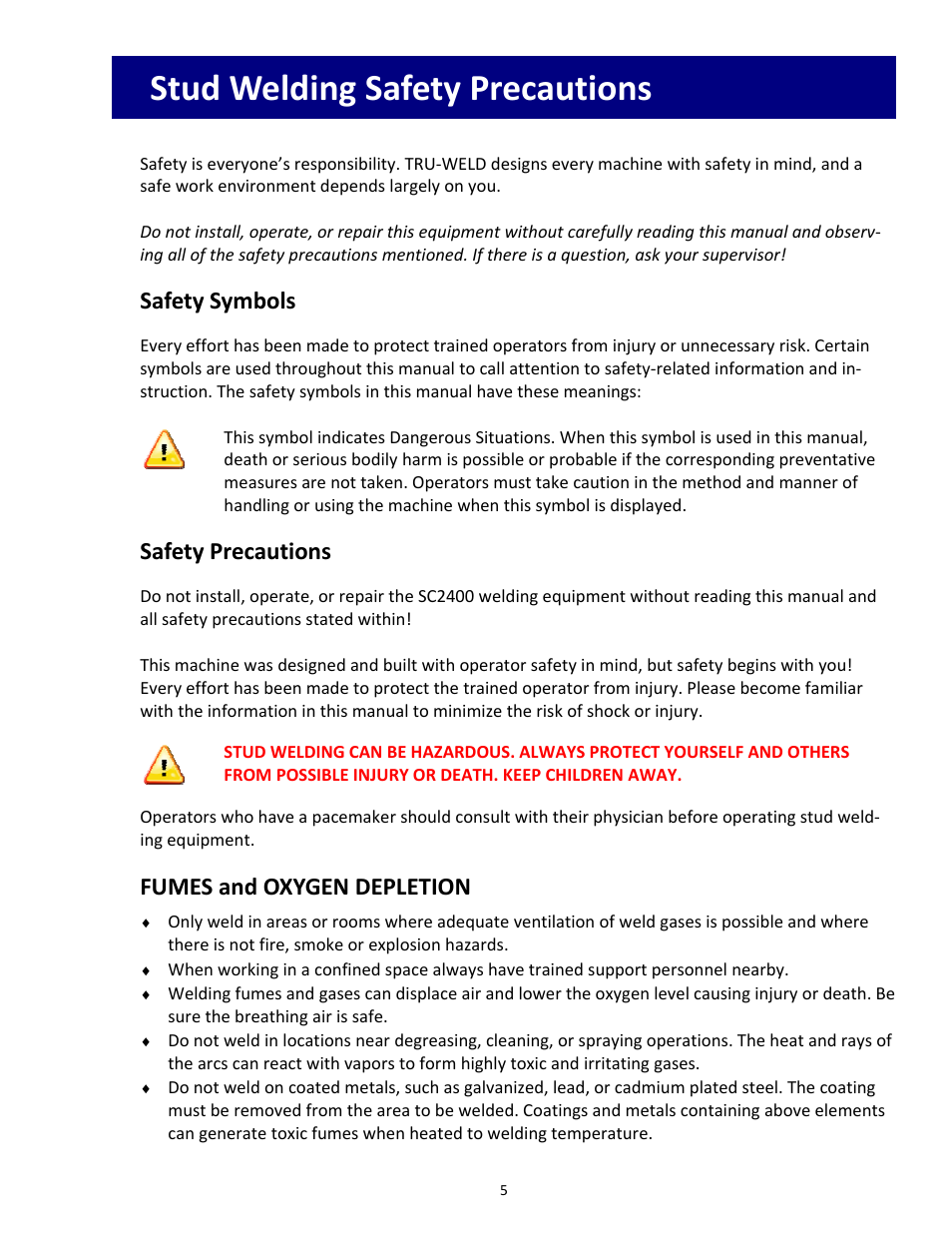 Stud welding safety precautions, Safety symbols, Safety precautions | Fumes and oxygen depletion | Tru-Weld SC2400 Arc Welder User Manual | Page 5 / 30