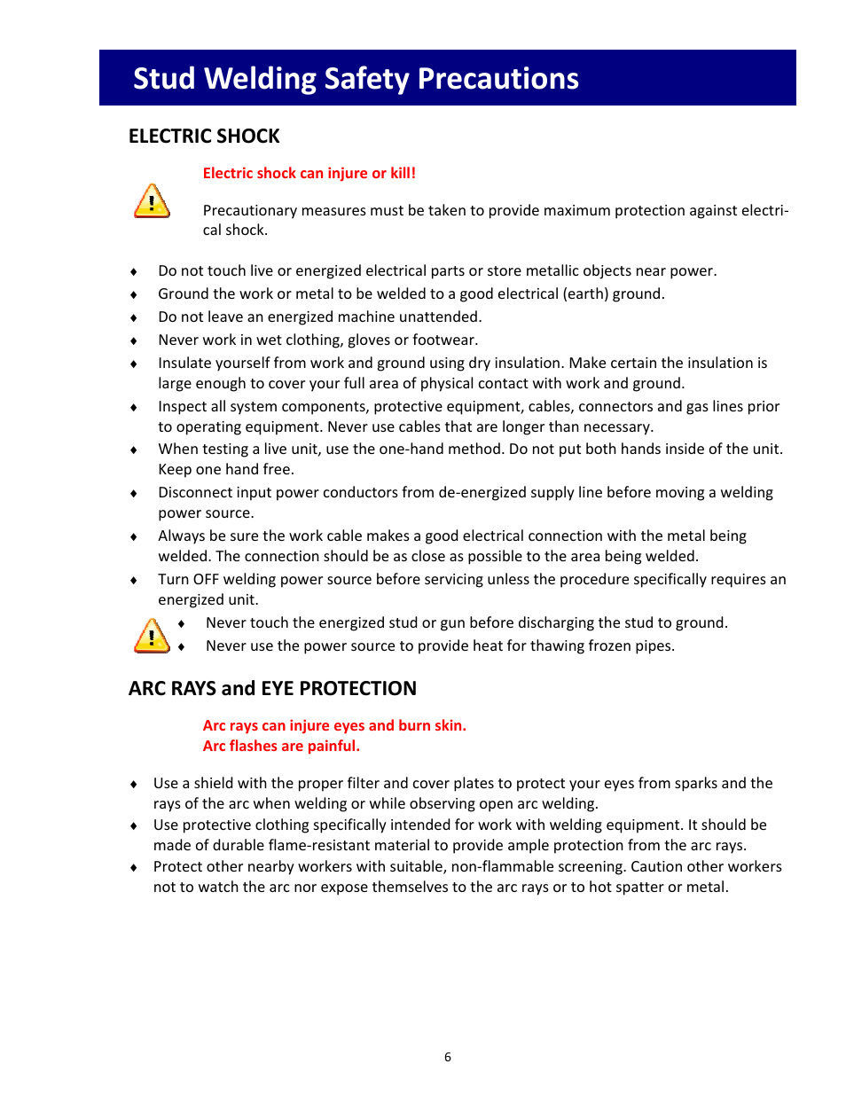 Stud welding safety precautions, Electric shock, Arc rays and eye protection | Tru-Weld SC2400 Arc Welder User Manual | Page 6 / 30