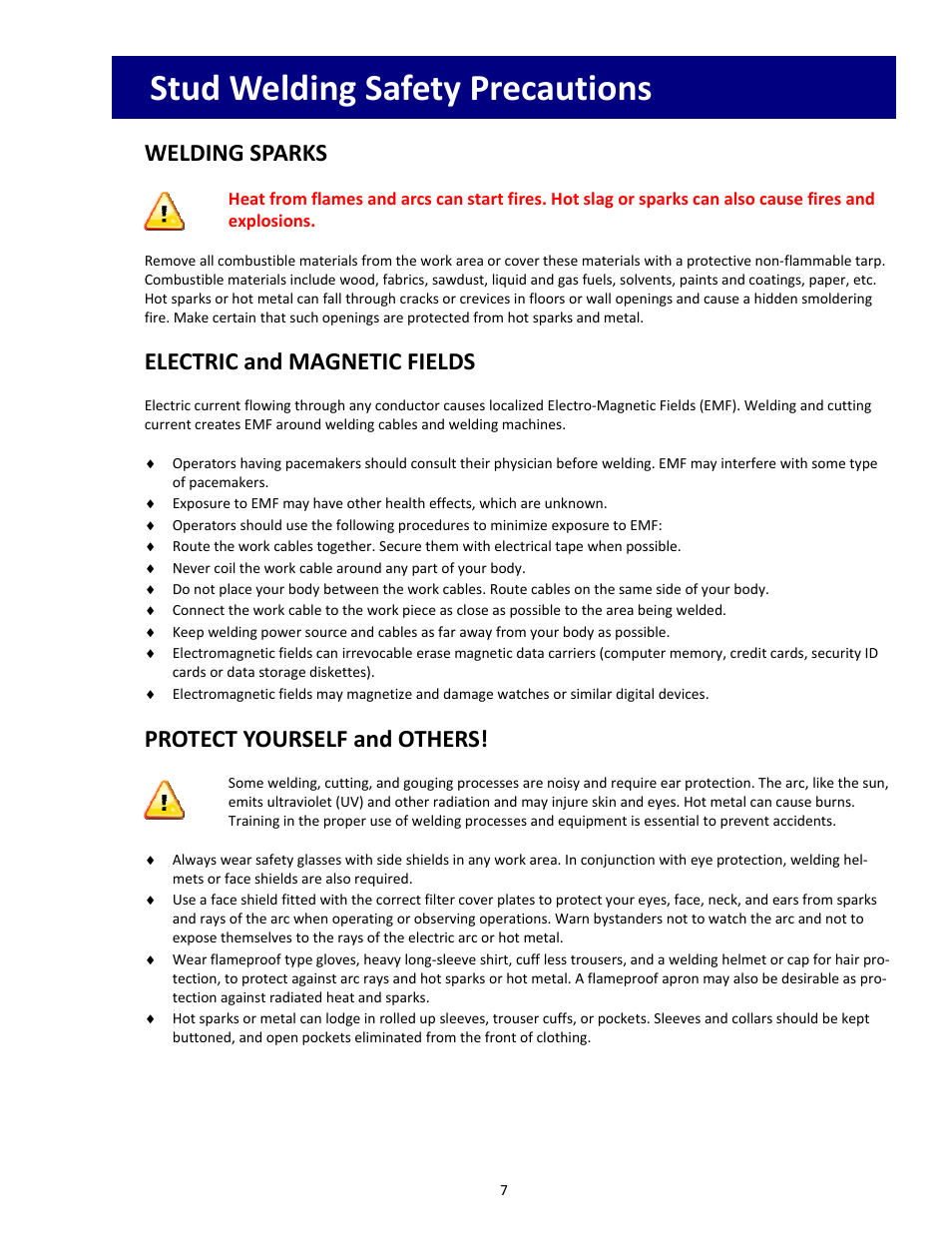 Stud welding safety precautions, Welding sparks, Electric and magnetic fields | Protect yourself and others | Tru-Weld SC2400 Arc Welder User Manual | Page 7 / 30