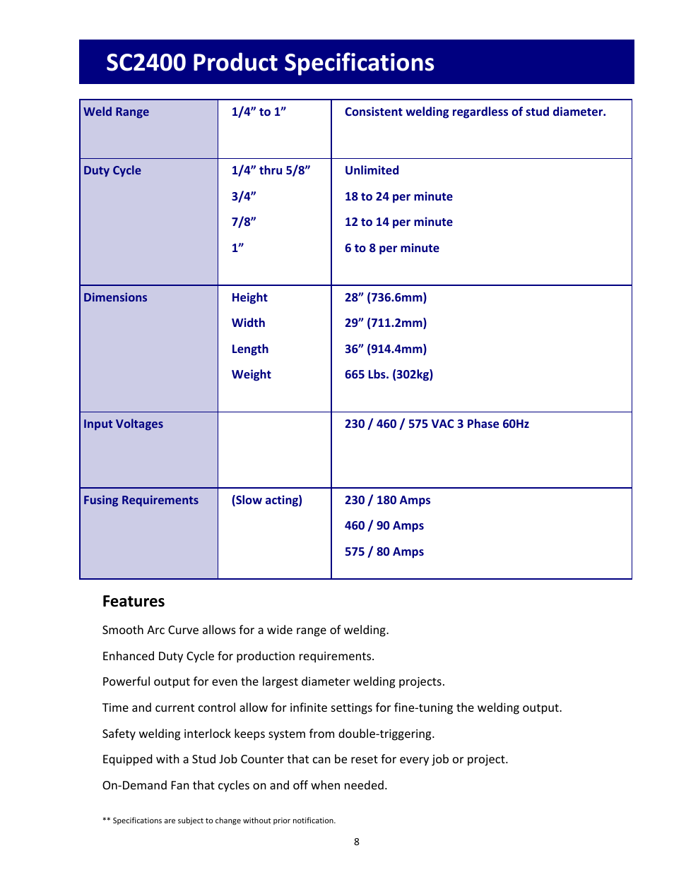 Sc2400 product specifications, Features | Tru-Weld SC2400 Arc Welder User Manual | Page 8 / 30