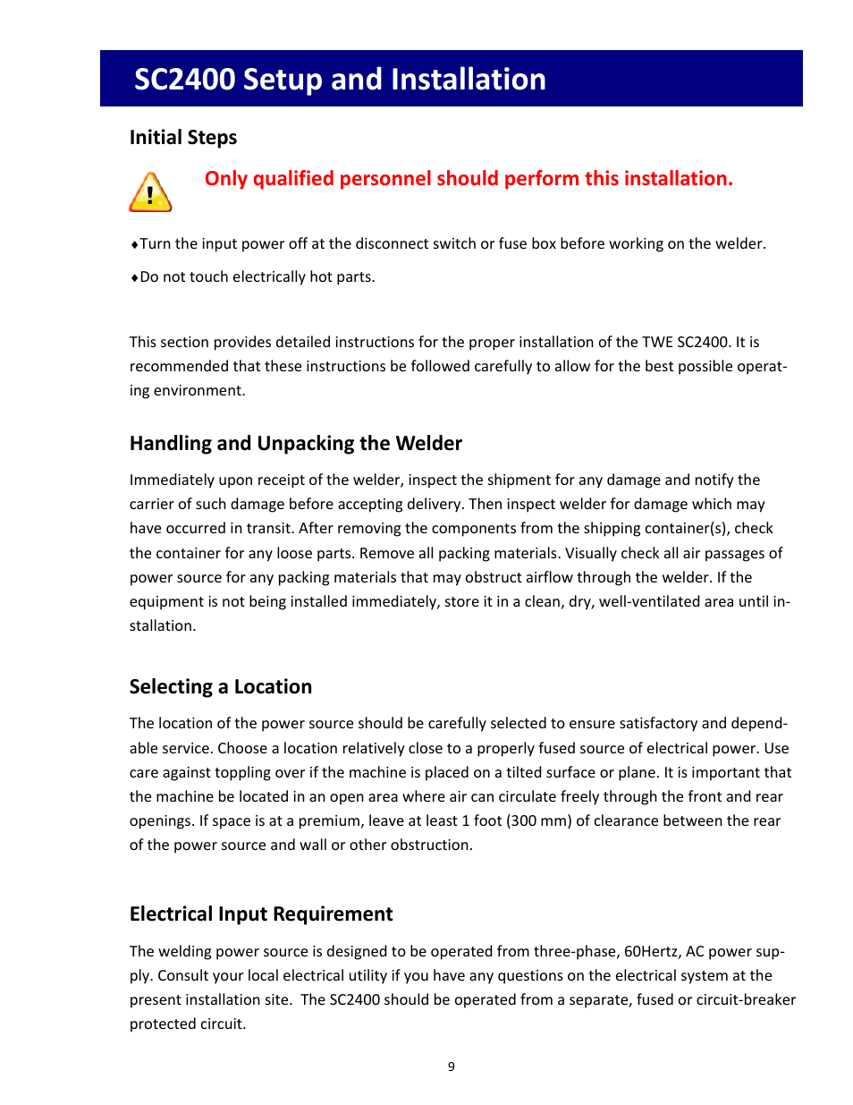 Sc2400 setup and installation, Initial steps, Handling and unpacking the welder | Selecting a location, Electrical input requirement | Tru-Weld SC2400 Arc Welder User Manual | Page 9 / 30