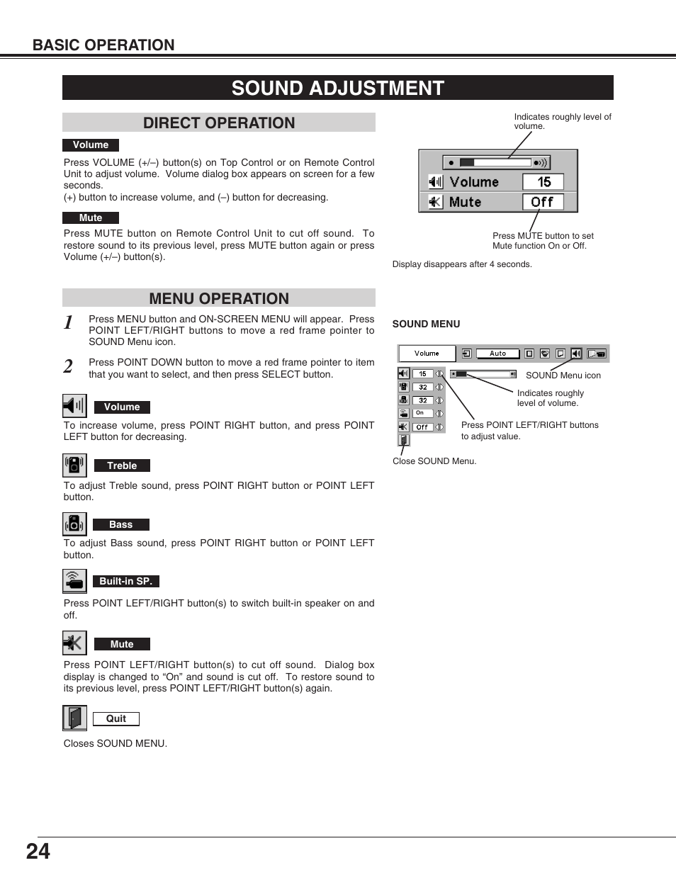 Sound adjustment, Basic operation, Direct operation menu operation | Christie Digital Systems Matrix 2500 38-MX2001-01 User Manual | Page 24 / 52